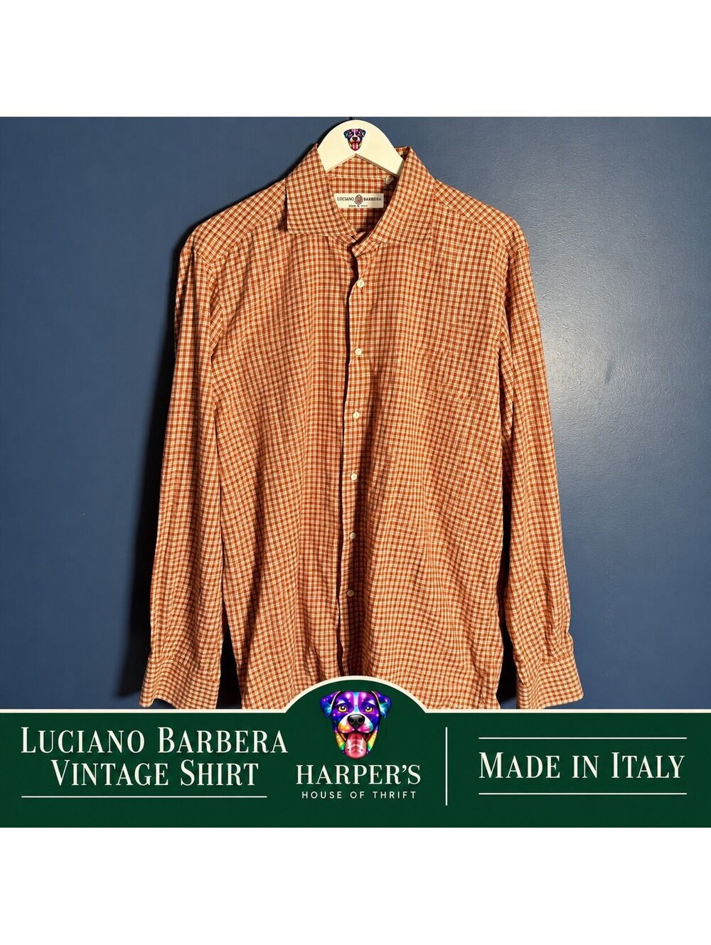 Vintage Luciano Barbera Shirt Mens XL Made in Italy 100% Cotton Plaid Check